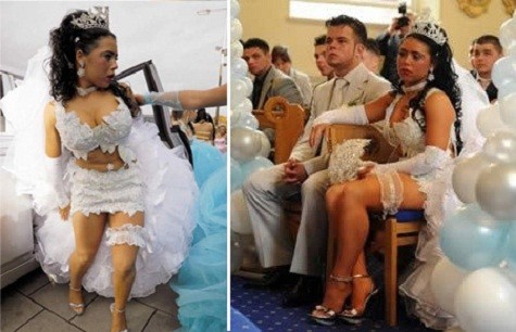 Missy Quinn, 16 tuổi, trong trang phục trị giá 16.000 bảng. Lễ cưới toàn màu trắng của cô tiêu tốn 100.000 bảng do người cha sống trên một chiếc xe ôtô chi trả